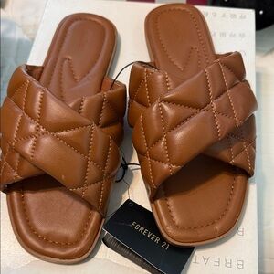 Forever 21 Quilted Cross-Band Slide Sandals - Cognac